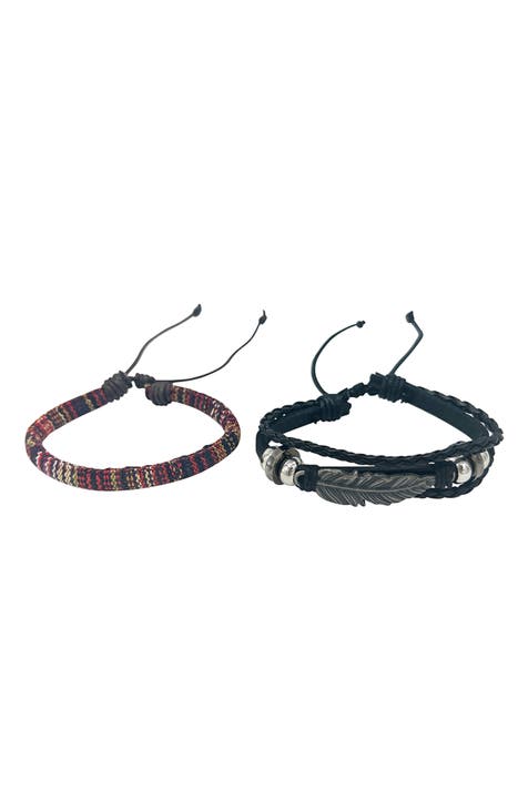 Men's Set of 2 Black Leather & Woven Slider Bracelets