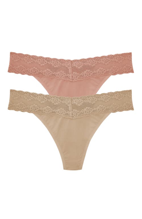 Natori Bliss Perfection Lace Trim One Size Thong 2-pack In Cafe/frose