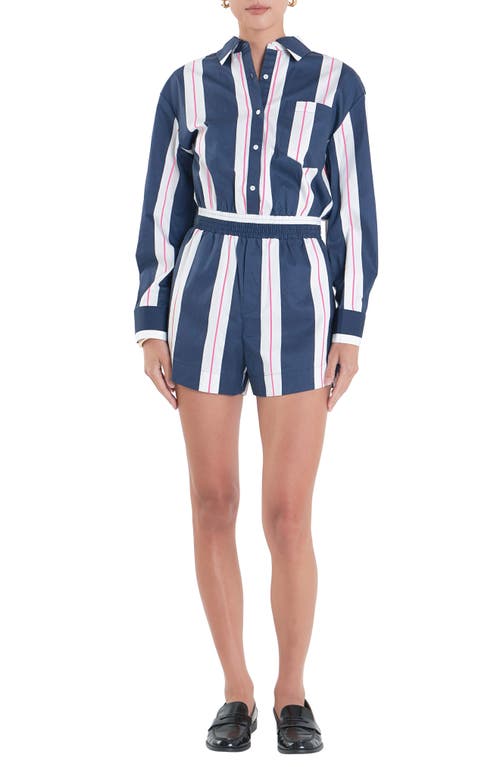 Shop English Factory Stripe Long Sleeve Cotton Romper In Navy/white