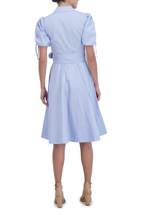 Shop Eliza J Ruched Puff Sleeve Cotton Midi Shirtdress In Light Blue