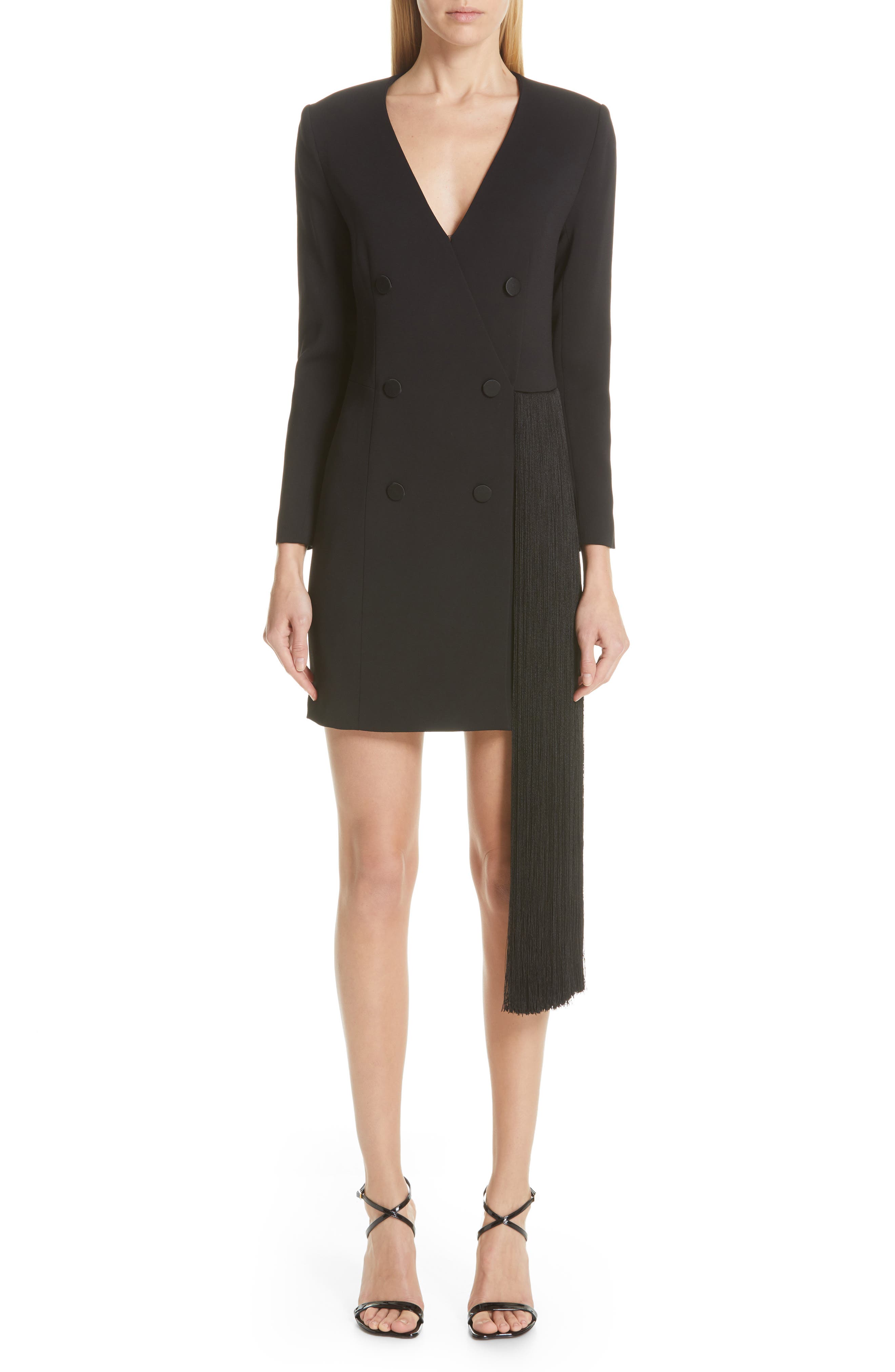 Adam Lippes Fringe Trim Stretch Crepe Tuxedo Dress