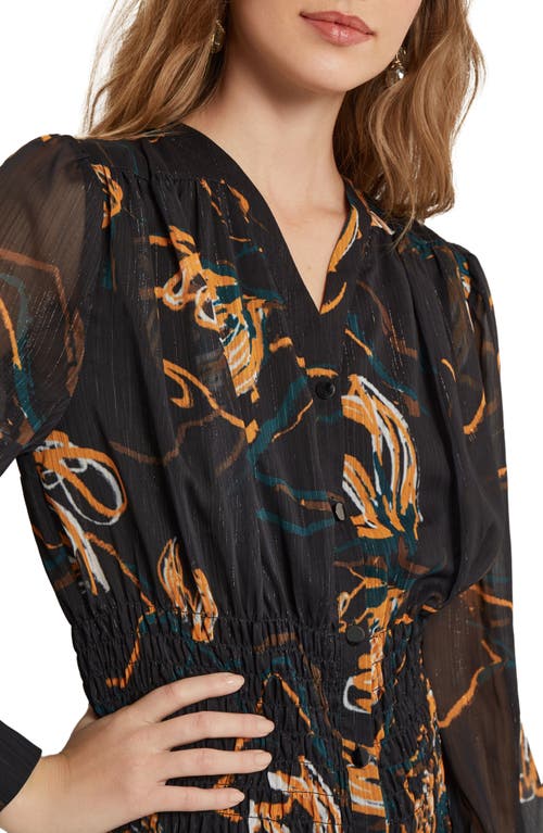 Misook Print Smocked Waist Long Sleeve Midi Dress In Black/ Ochr/ Mul