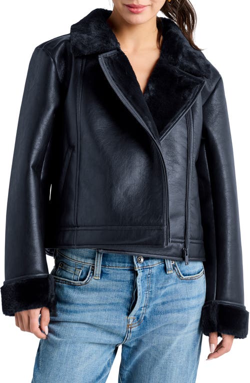 Splendid Faux Leather & Shearling Moto Jacket Navy at Nordstrom,