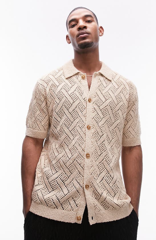 Shop Topman Open Stitch Cotton Blend Button-up Shirt In Beige