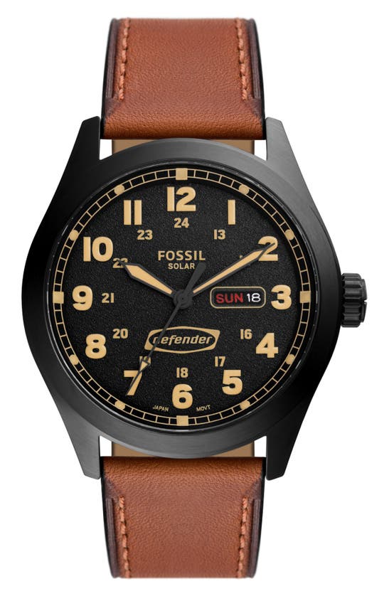 FOSSIL DEFENDER SOLAR LEATHER STRAP WATCH, 46MM