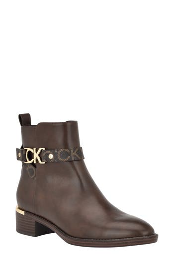 Calvin Klein Buckle Strap Bootie In Brown