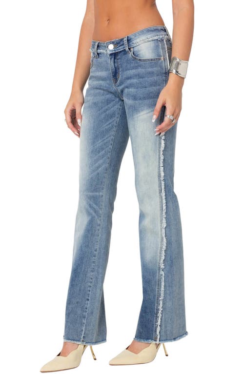 Edikted Distressed Frayed Low Rise Flare Jeans In Blue-washed