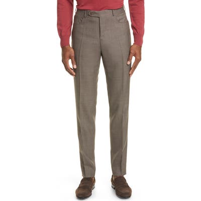 Canali Flat Front Wool Travel Dress Pants, Beige