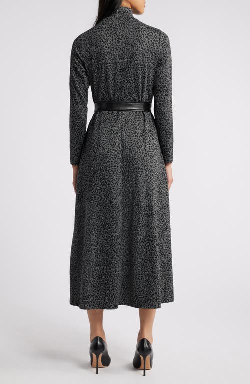 Shop Anne Klein Leopard Belted Mock Neck Long Sleeve Midi Dress In Mid Heather Grey Multi