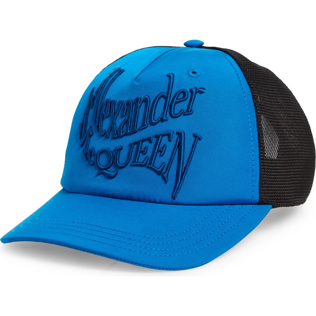 Alexander Mcqueen Warped Logo Trucker Hat In Lapis Blue/black