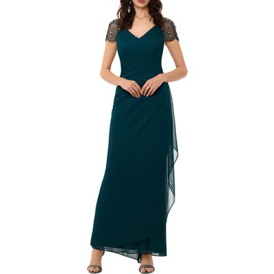 Xscape Embellished Mesh Sheath Evening Gown, Green