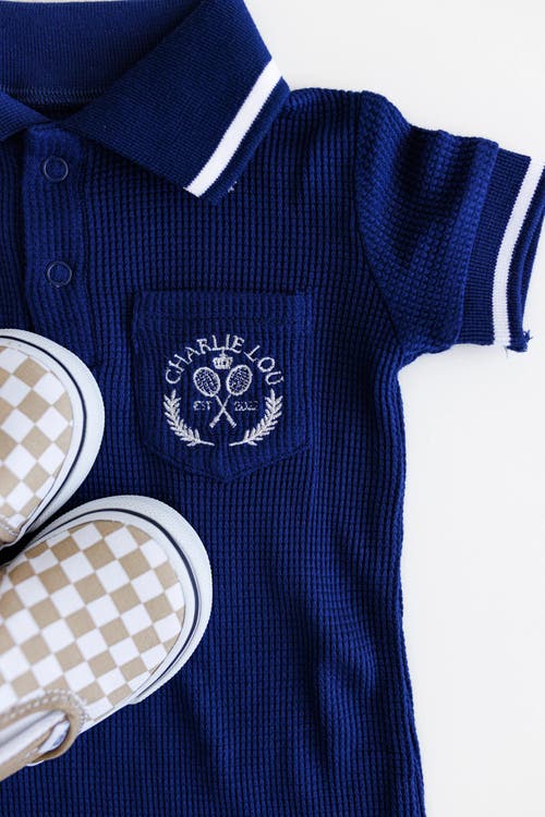Charlie Lou Baby ® Waffle Polo Romper In Navy Blue