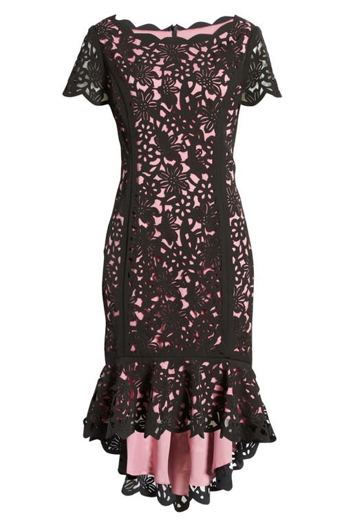 Shop Shani Laser Cut Floral High-low Cocktail Dress In Black/pink