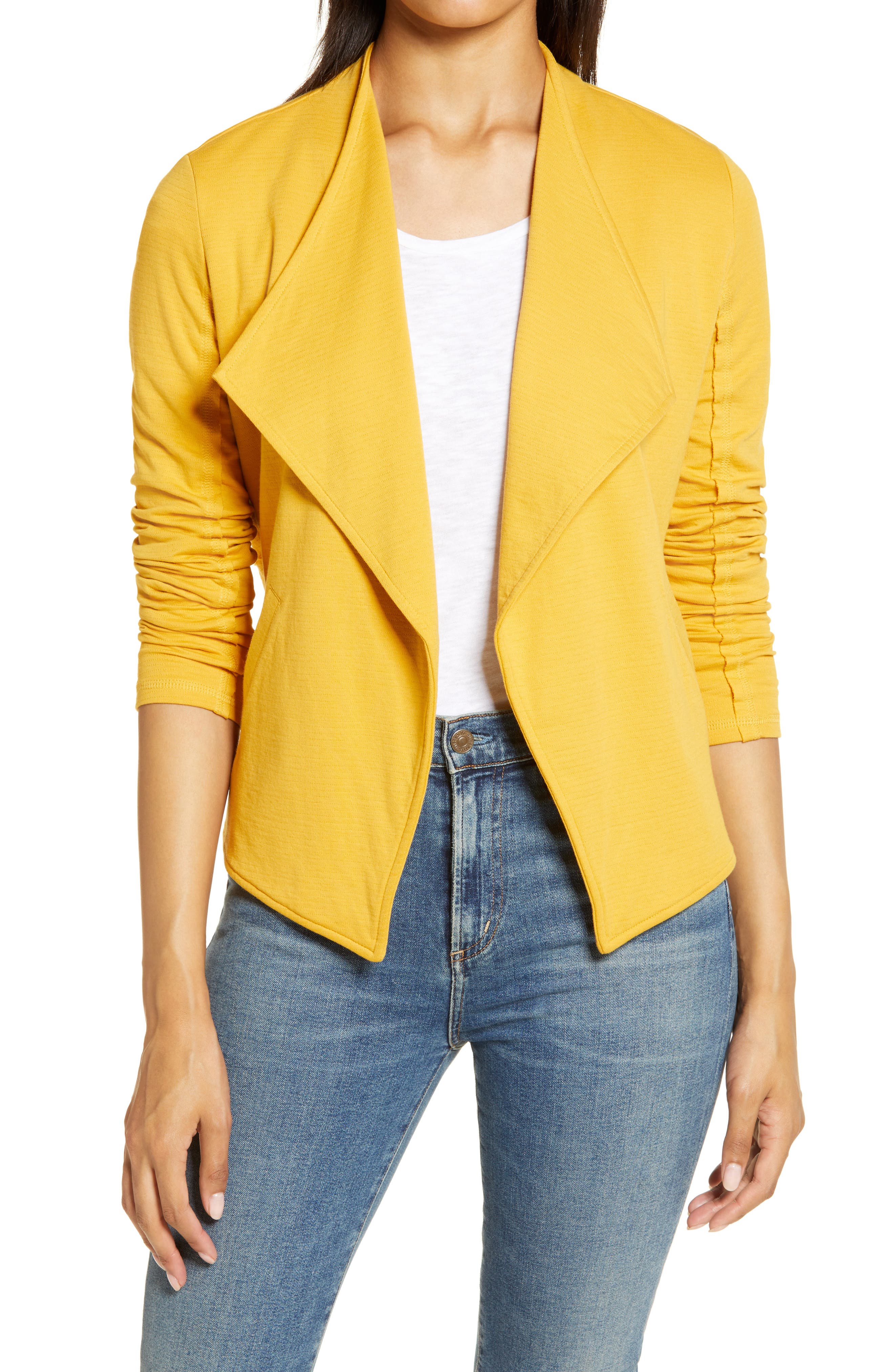 yellow knit blazer