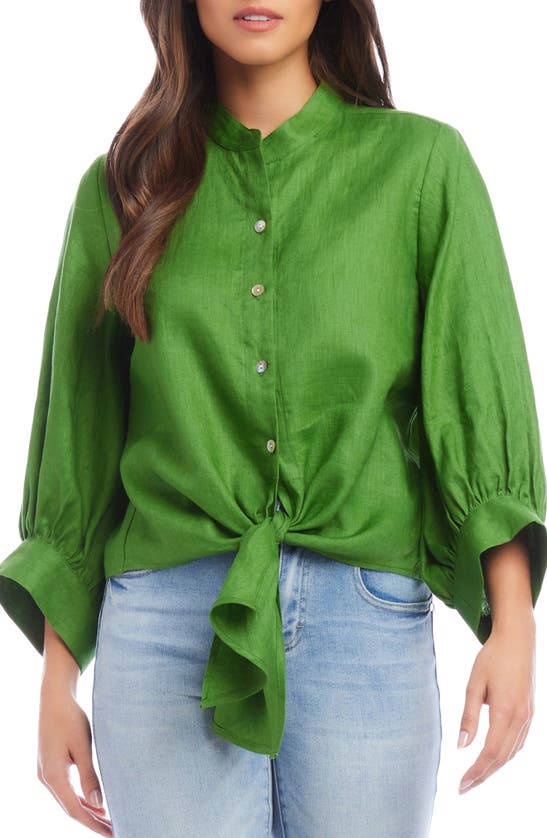 Shop Karen Kane Tie Front Linen Button-up Top In Green