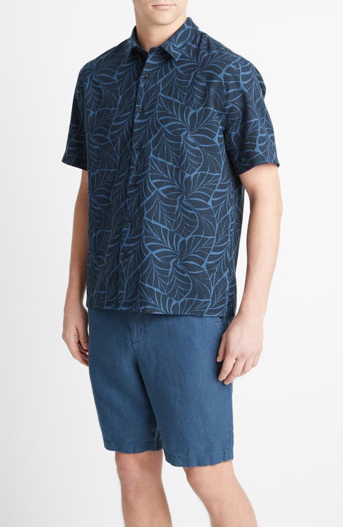 Shop Vince Knotted Leaves Linen Blend Short Sleeve Button-up Shirt In Coastal/dark Washed