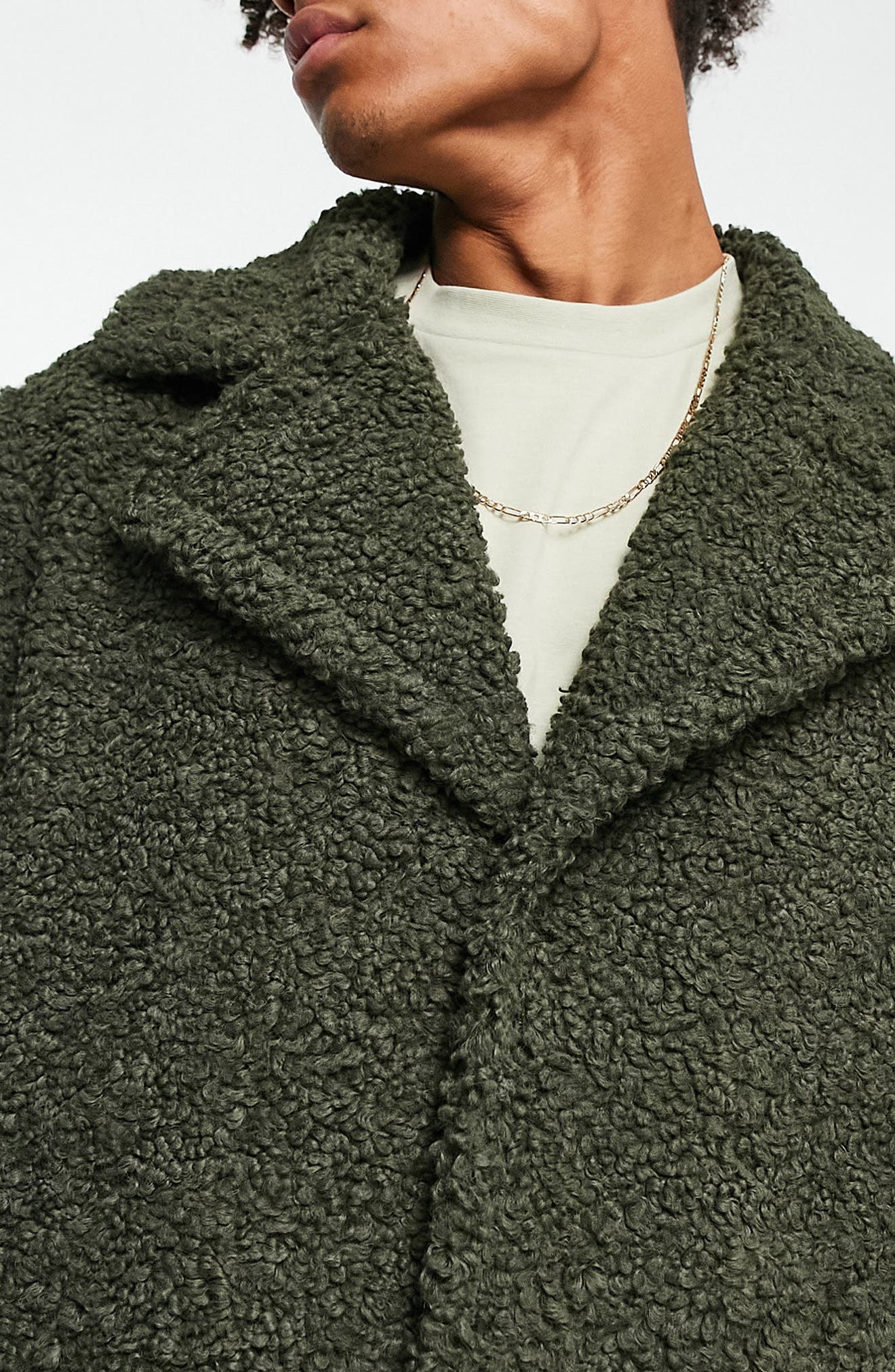 Topman Longline Borg Overcoat in Sage Green