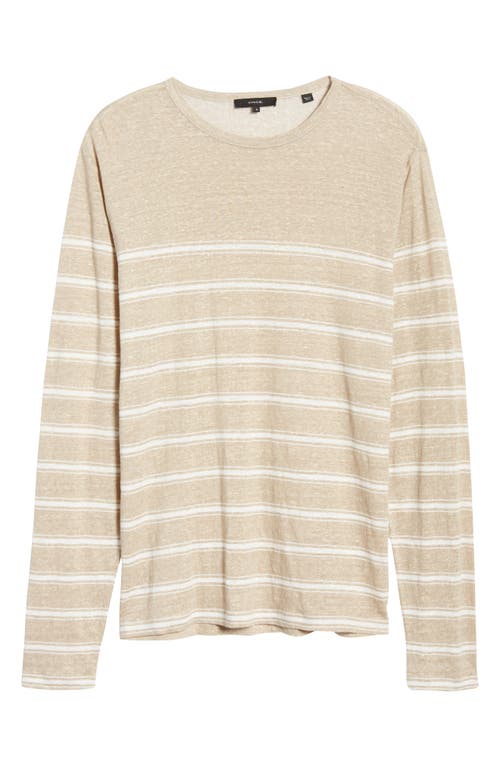 Shop Vince Stripe Crewneck Linen Sweater In Desert Sand/optic White