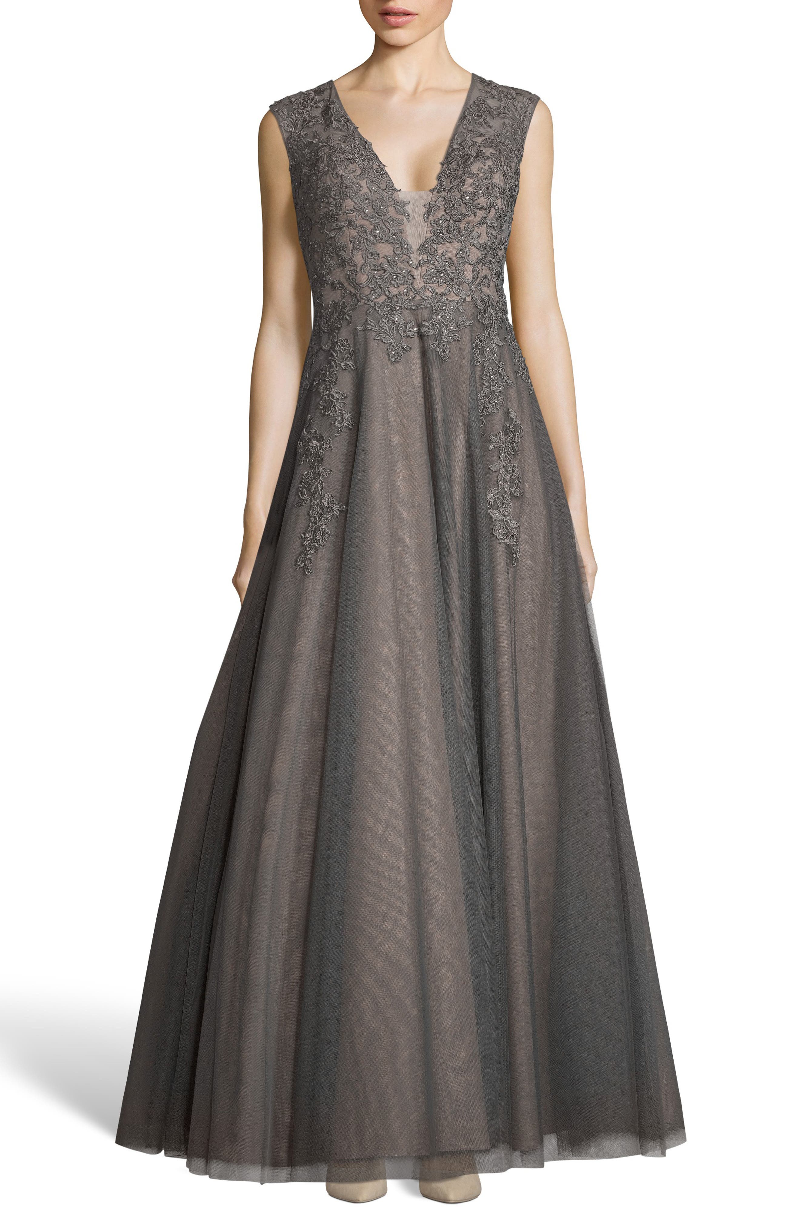 Xscape Applique Mesh Evening Dress, Grey