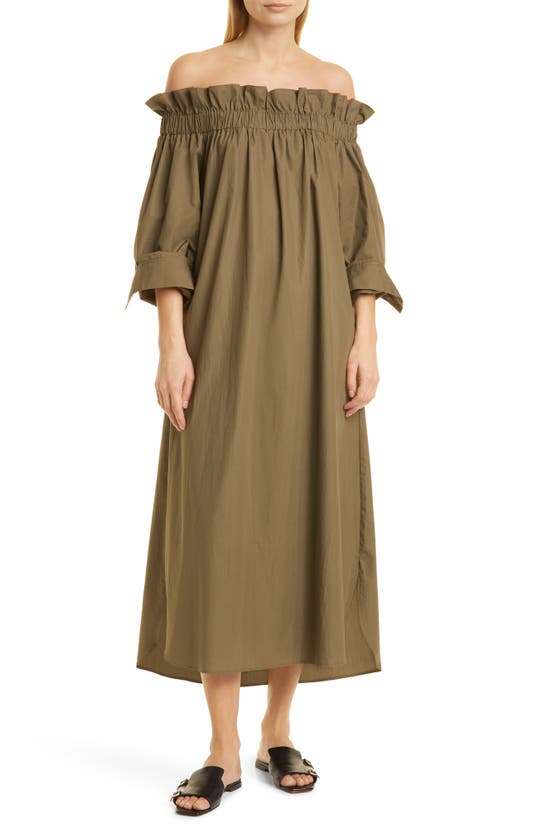 Twp Off The Shoulder Cotton Dress In Dark Olive