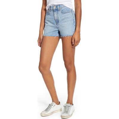 7 For All Mankind High Waist Fray Hem Denim Shorts, Blue
