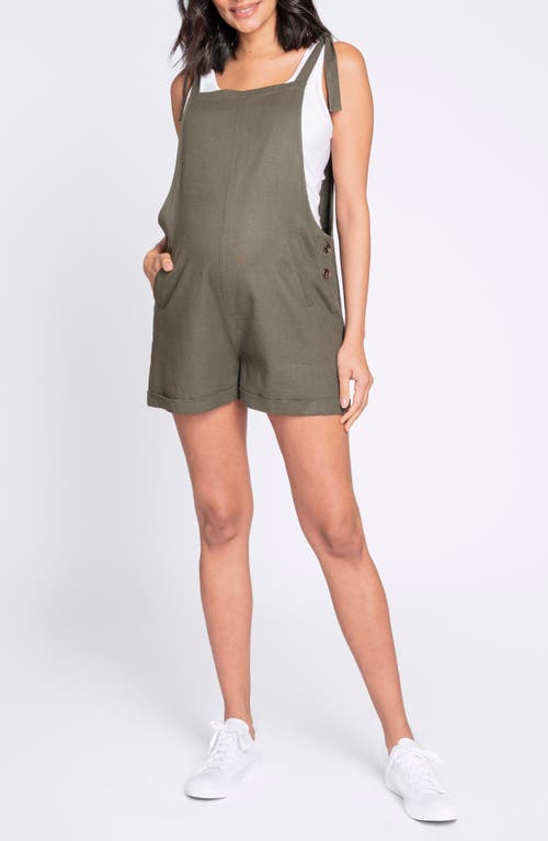 Shop Seraphine Linen Blend Maternity Shortalls In Khaki