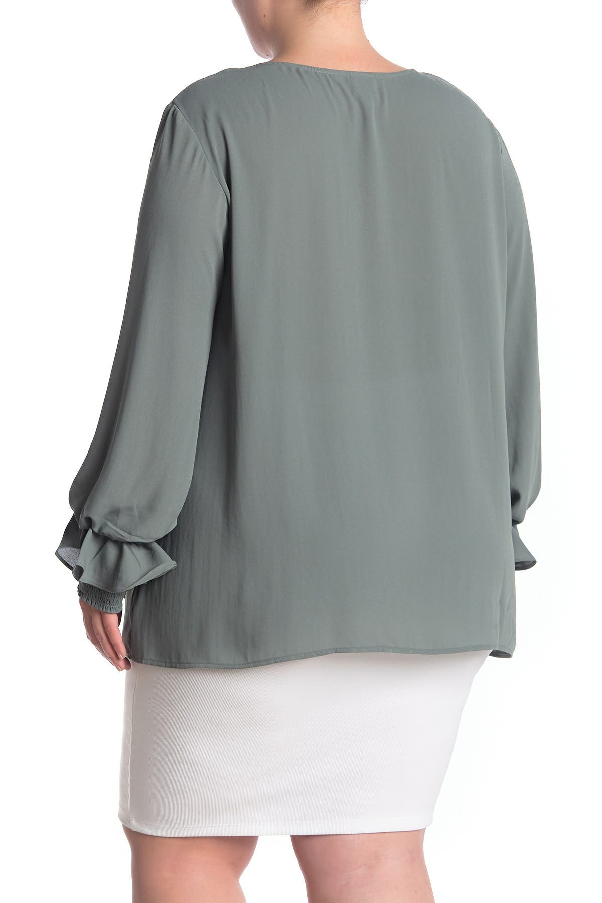Pleione Smocked Ruffle Cuff Blouse In Medium Green2
