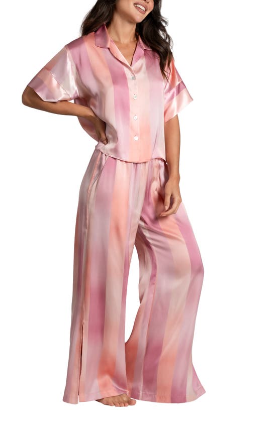 Shop Midnight Bakery Ombré Lane Stripe Short Sleeve Satin Pajamas In Ombre Lane Pink
