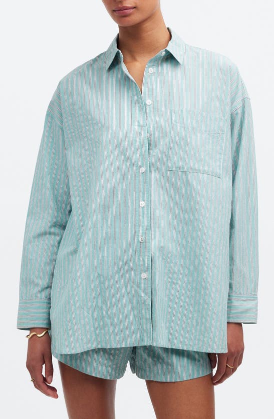 Shop Madewell The Stripe Signature Poplin Oversize Shirt In Dusty Verdigris