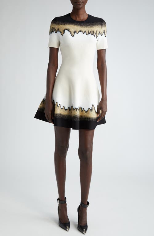 Shop Alexander Mcqueen Abstract Jacquard Fit & Flare Sweater Dress In Ivory/black/gold