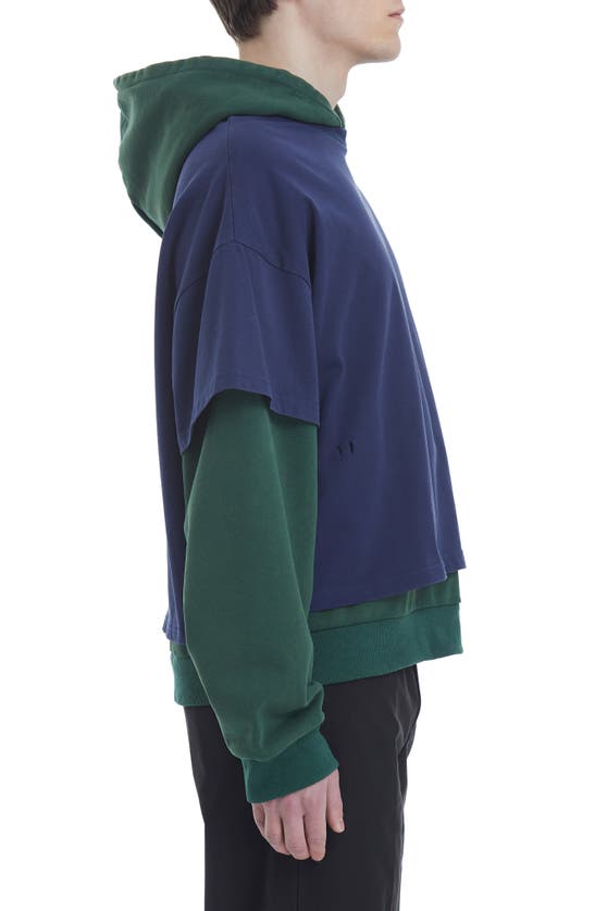 Shop Found Colorblock Layered Look Cotton Hoodie In Navy/ Forest
