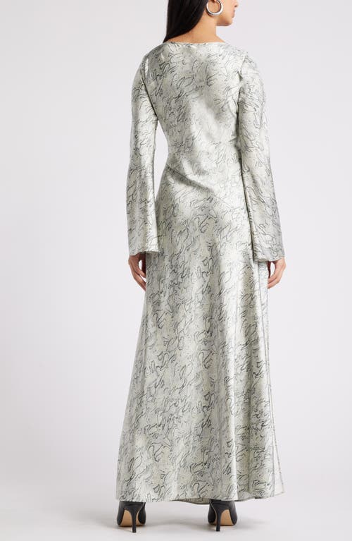 Shop Open Edit Long Sleeve Bias Cut Satin Maxi Dress In Green- Ivory Morph Snake