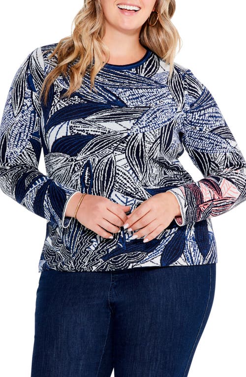 NIC+ZOE Layered Leaves Crewneck Cotton Sweater in Indigo Multi