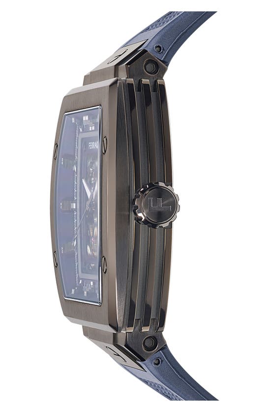 Shop Ferragamo F-80 Tonneau Skeleton Recycled Polyurethane Strap Watch, 42mm In Gunmetal/ Blue
