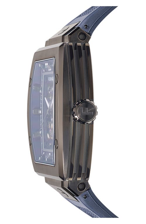 Shop Ferragamo F-80 Tonneau Skeleton Recycled Polyurethane Strap Watch, 42mm In Gunmetal/blue