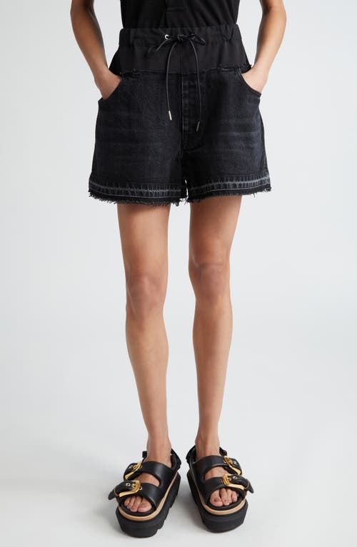 Drawstring Frayed Hem Denim Shorts in Black