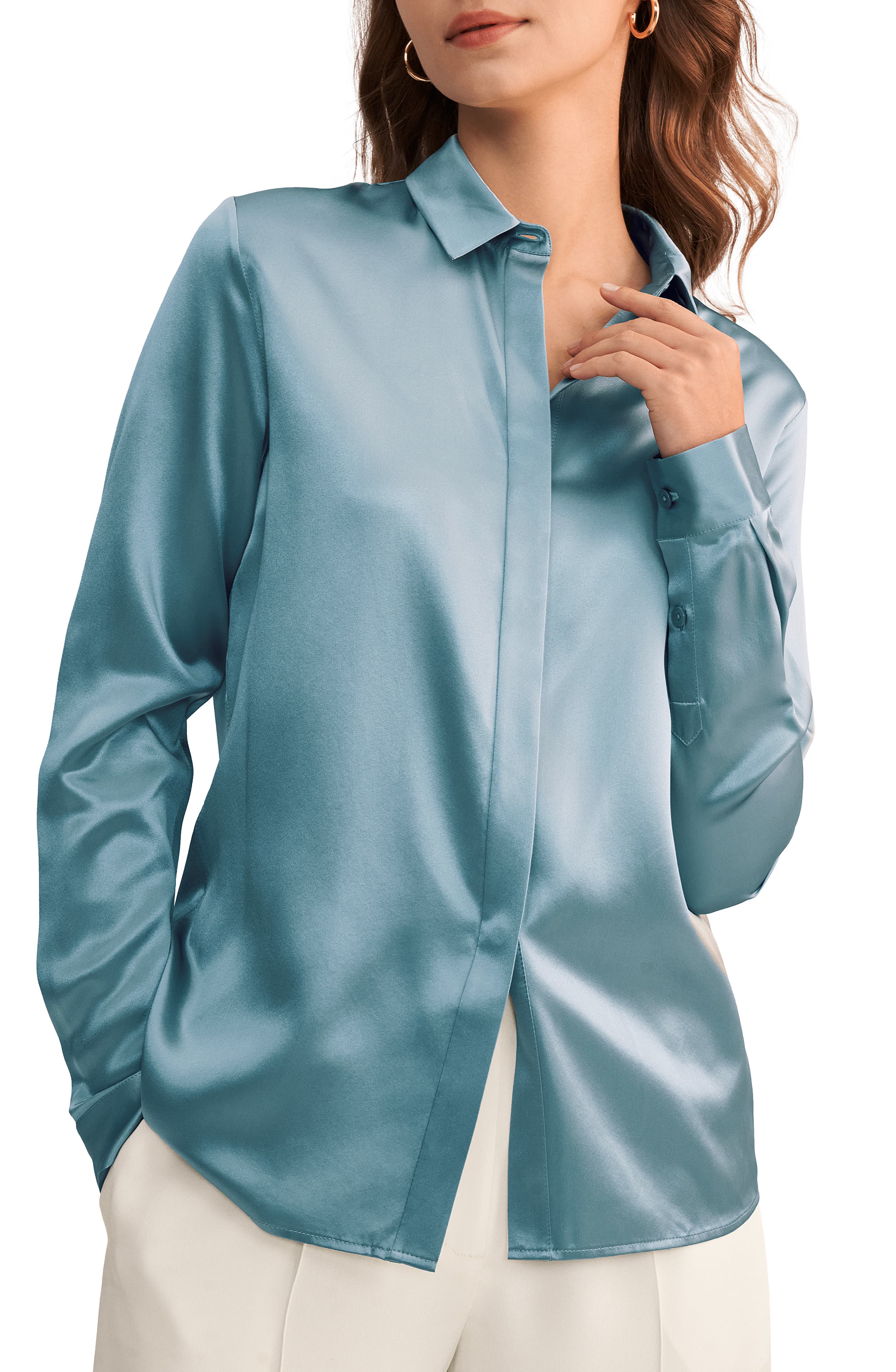 Lilysilk Basic Concealed Placket Silk Shirt in Blue Haze Cover