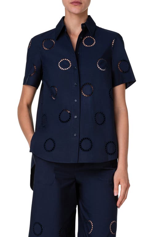 Akris punto Embroidered Eyelet Cotton Button-Up Shirt Navy at Nordstrom,