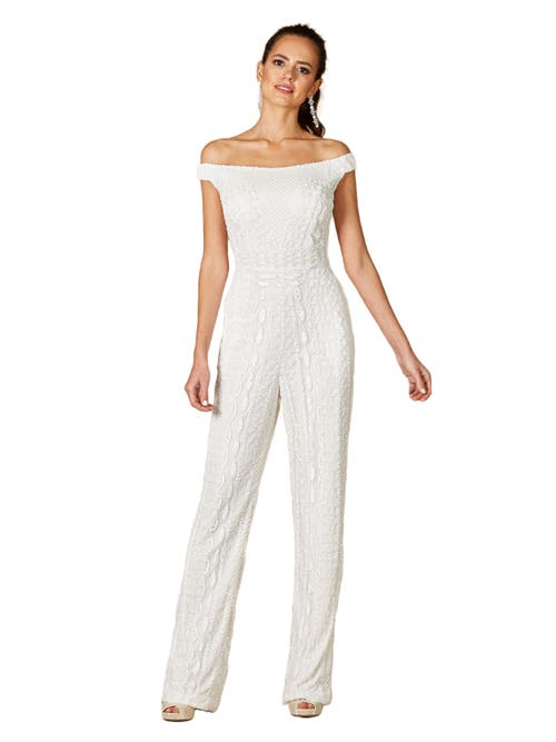 Shop Lara New York Gabby Beaded Off-the-shoulder Bridal Jumpsuit In Ivory