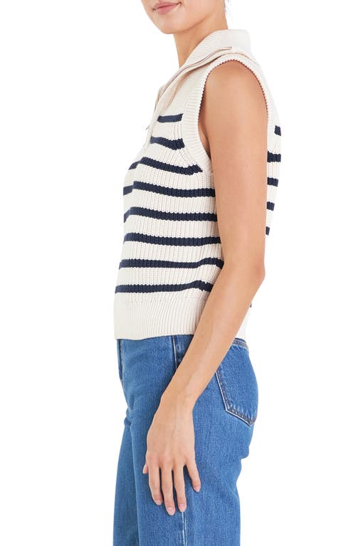 English Factory Stripe Sleeveless Quarter Zip Sweater In Cream/navy