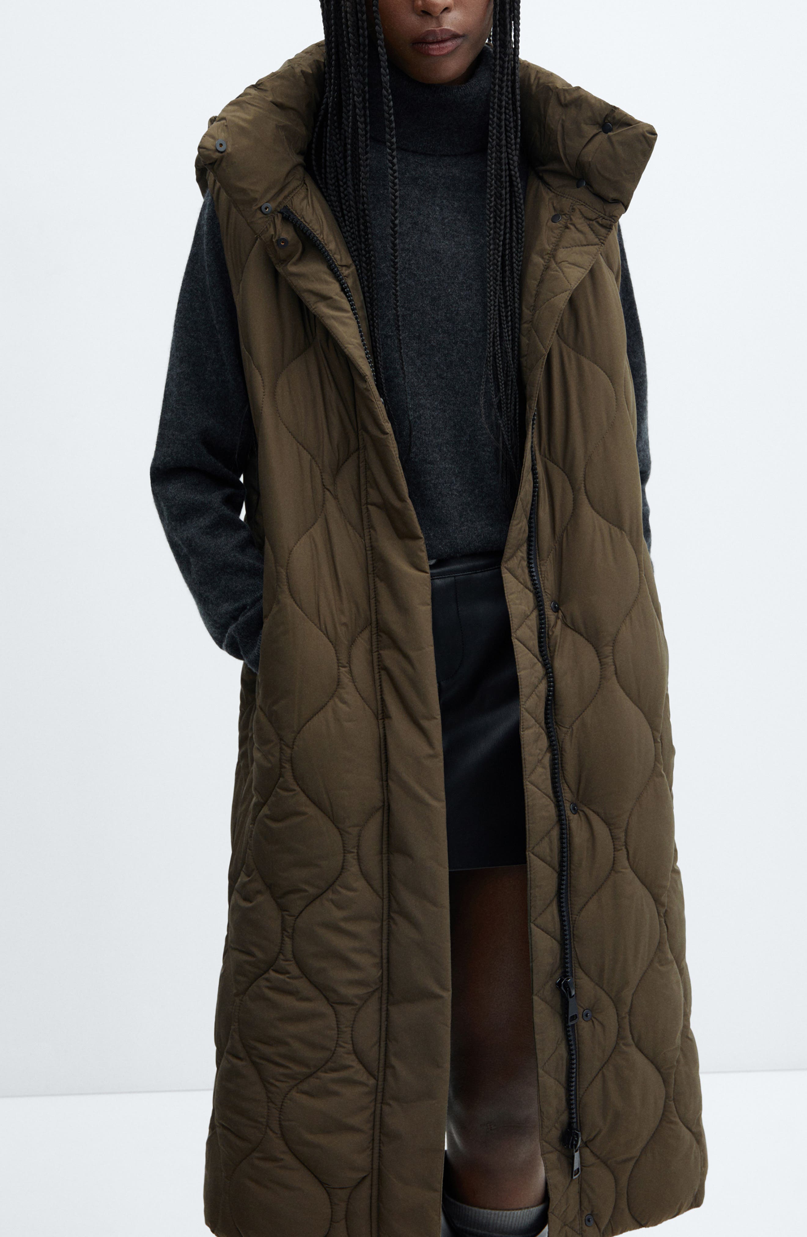 MANGO Hooded Longline Water Repellent Quilted Vest Nordstrom