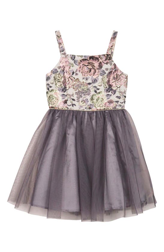 Shop Zunie Kids' Floral Brocade & Tulle Party Dress In Grey Multi