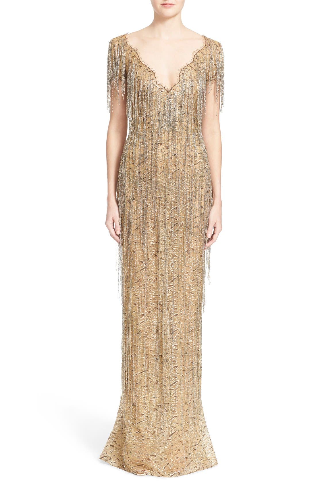 Marchesa Bugle Bead Fringe Leopard Lace Column Gown Nordstrom