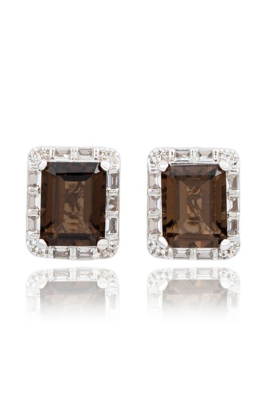 Suzy Levian Emerald Cut Cubic Zirconia Halo Stud Earrings In Brown