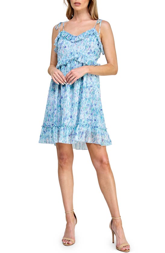 Shop Koko + Mason Sleeveless Ruffle Floral Print Minidress In Blue Multi