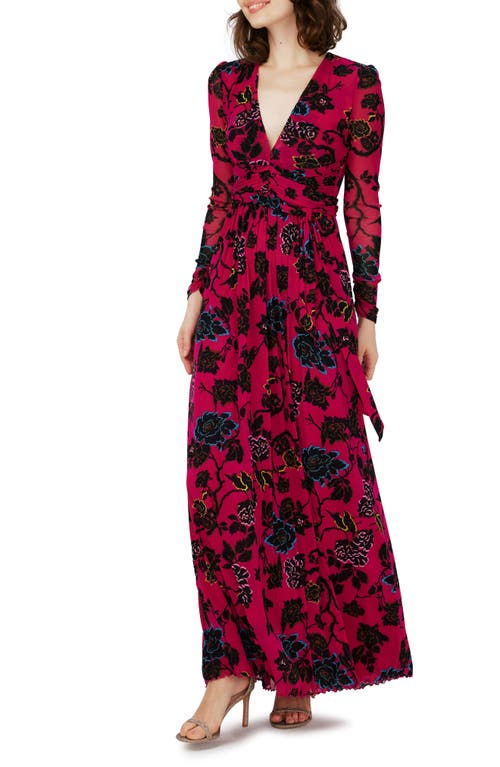 Anne Floral Mesh Long Sleeve Maxi Dress in China Vine Poison Pink