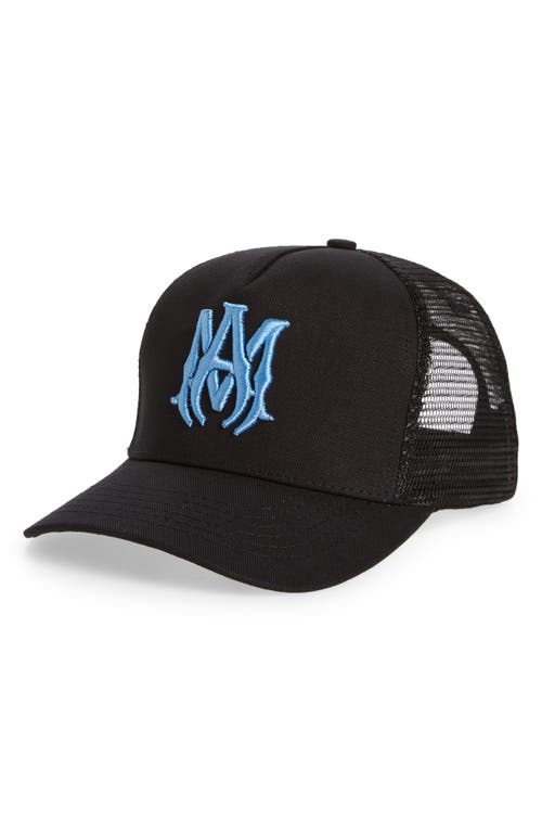 AMIRI MA Monogram Embroidered Trucker Hat in Black/Carolina Blue