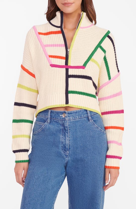Staud Hampton Half Zip Crop Sweater In Cream Rainbow Multi