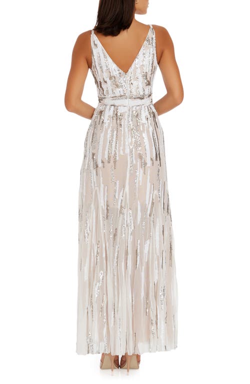 Shop Dress The Population Samira Sequin Embellished Gown In White/silver