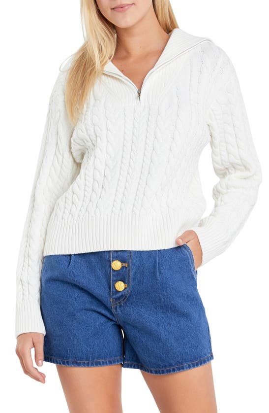 Shop English Factory Quarter Zip Cable Knit Cotton Sweater In Ivory